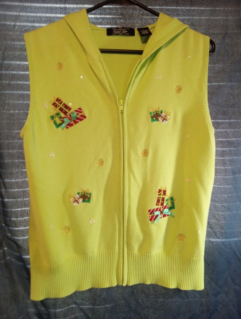 Crystal Kobe Sleeveless Lime Green ' Hooded Zip Ugly Christmas Vest